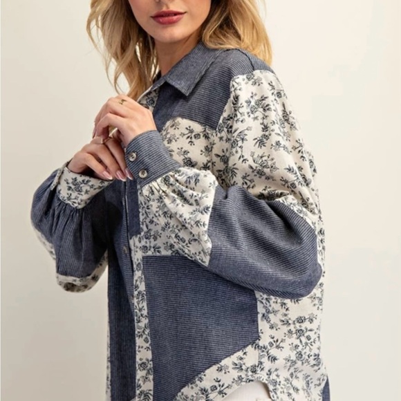 eesome Tops - Color Block Button Down Denim Shirt